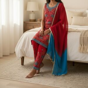Red and Blue Embroidered Traditional Outfit
